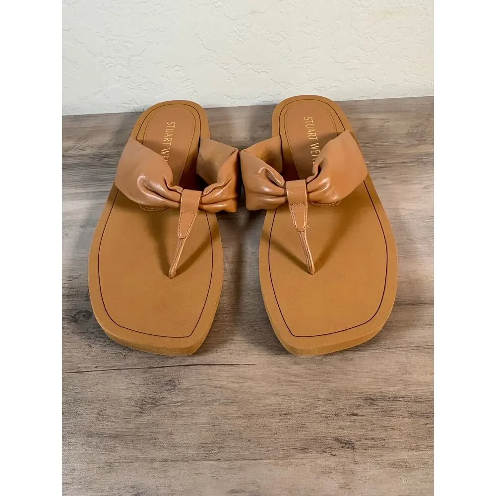 Stuart Weitzman‎ Goldie Knot Tan Leather Square Toe Thong Sandals Womens 10.5B